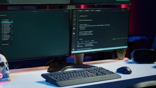Close Up Shot of Dangerous Hacking Code Running on Computer System Monitors