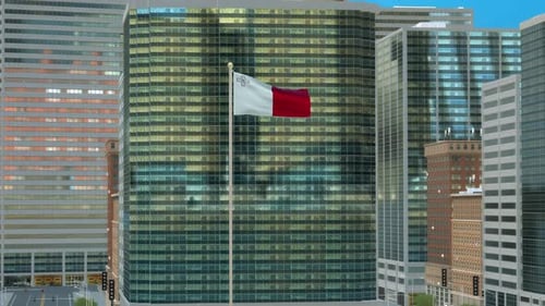 Malta National Flag Waving Over Modern City Buildings