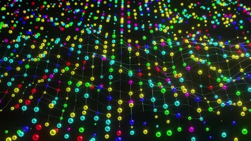 Buntes Netz mit leuchtenden Knoten, Technologie, futuristischer abstrakter Hintergrund, 3D-Rendering. Geometrisch