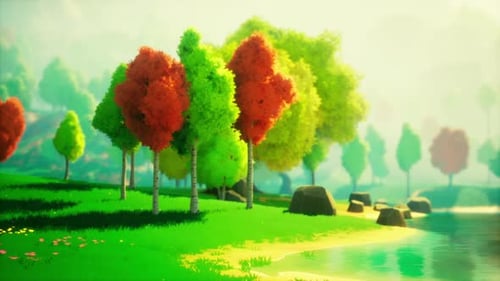 Colorful Cartoon Forest at Sunset