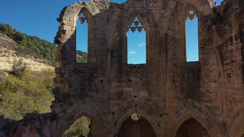 Aerial view of ruins of the abbey of Santa Maria de Vallsanta , Lleida
