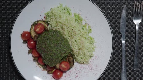 Plate of Rice and Grilled Vegetables Top View