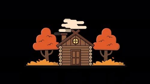 Animated Wooden Forest Cottage in Autumn Season Animation Video - Transparent