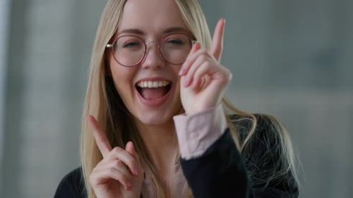 Portrait Happy Dancing Caucasian Business Woman Dance Looking at Camera in Office Excited