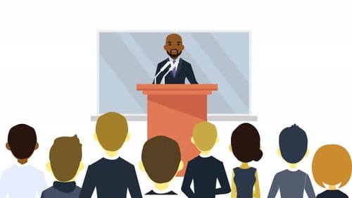 Flat Design Business Speaker Addresses Diverse Corporate Audience
