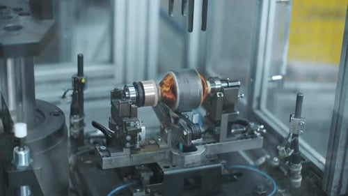 Testing Electric Motor At Manufacturing Factory. Electric Motor Rotating Inside Check Machinery. ...