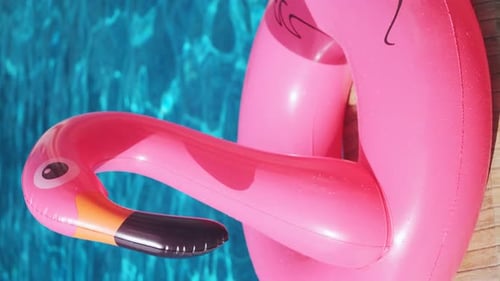 Anel inflável rosa na água de uma piscina em um dia ensolarado. Conceito de férias de verão. Inflar