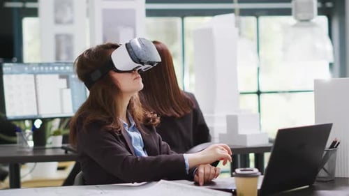 Architect Designing Project Blueprints and Plans with Vr Headset