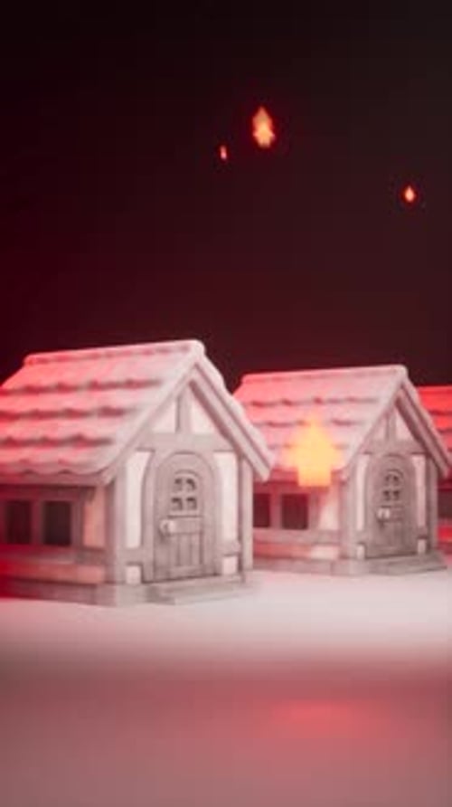 Rows of Miniature 3D Houses with Large Glowing Red Upward Arrow