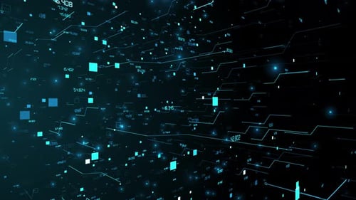 Blue Digital Data Network with Flying Numbers and Abstract Geometric Grid Loop