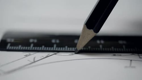 Closeure Engineer zeichnet mit Bleistift und Lineal gerade Linien