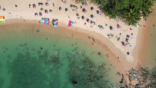 Aerial View of Scenic Beach with Relaxing People on Phuket Island in Thailand