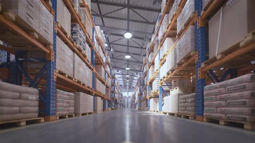 Retail Warehouse and Row of Shelves with Goods in Card Board Boxes Delivery Storage and Logistic