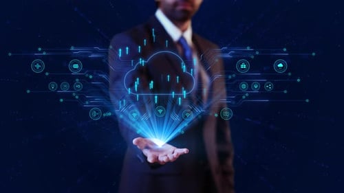 Businessman Virtual Display HuD Hologramm Cloud Computing zur Datenspeicherung und -übertragung aus Sicherheitsgründen