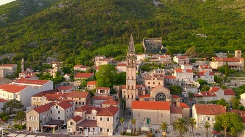 A Stunning Aerial View of the Charming City of Perast in Montenegro Where the Bell Tower in the