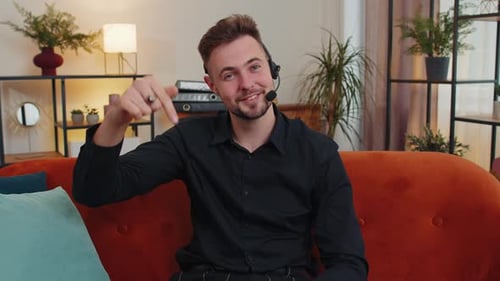 Business Man Freelance Worker Call Center Support Service Operator Helpline Having Talk with Client