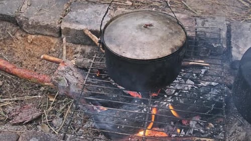 Cooking Food in a Pot on a Campfire in Nature