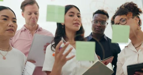 Trabalho em equipe de negócios, planejamento e redação em placa de vidro para brainstorming