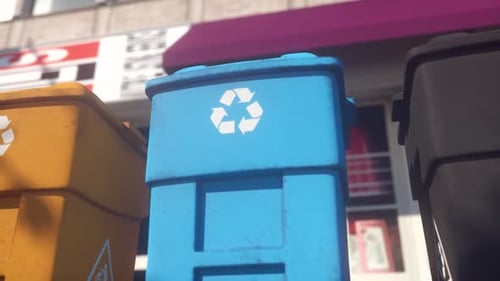 Colorful, plastic garbage bins, with recycle logo on the front, stacked in a row