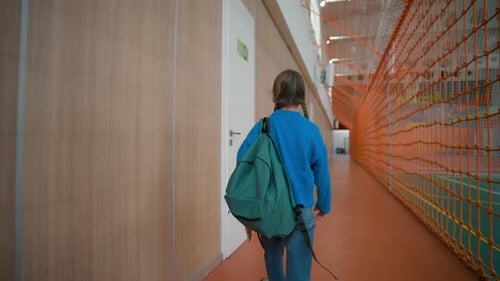 Back View Schoolgirl Going Gym Elementary School Little Girl Learner with Backpack Enter Classroom