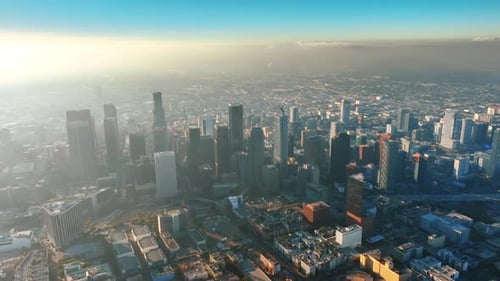 Rising over the vast panorama with downtown of Los Angeles, California, USA.