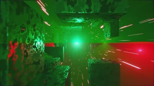 Cubos voladores y brillantes en un túnel geométrico futurista. Inteligencia artificial