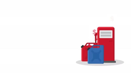 Animated gas pump nozzle with flowing fuel, money elements, and rising arrow