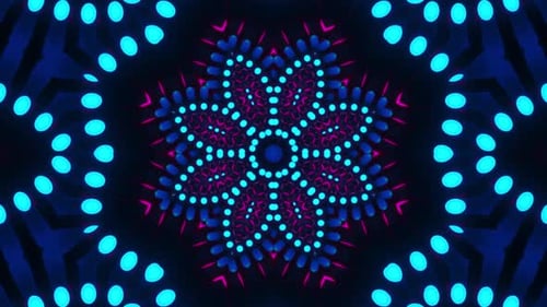 Circular pattern with blue and pink lights on black background. Kaleidoscope VJ loop