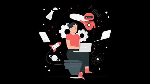 Mädchen auf Laptop mit Roboter-Alpha-Kanal