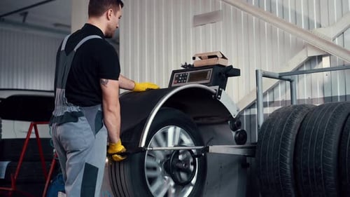 Putting wheel into automatic rolling device. Man in uniform is in the automobile repair shop