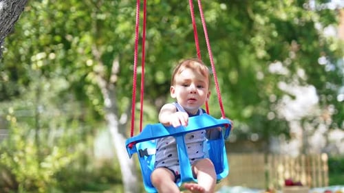 Adorable little kid sitting in a swing. Lovely calm boy waving his hand while swinging.