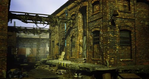 Abandoned Brick Building with Overgrown Features