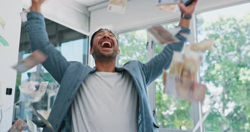 Finance businessman, phone and office money rain in stock market growth