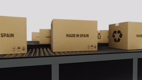 Stream Of Boxes Labeled 'Made In The Spain' Moving On a Conveyor Line