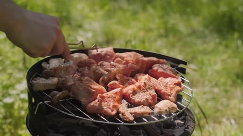 Hot steaks on the grill rich aroma and smoke from the barbecue outdoor cooking experience in nature.