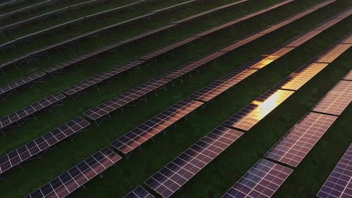 Solar panels capture energy at a large solar farm during sunset