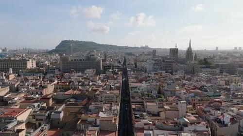 Forwards Fly Above Historical City Centre Aerial View of Dense Town Development in Metropolis