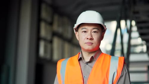 Close up portrait of confident asian professional engineer wearing safety helmet and vest standing