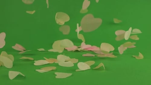 Falling heart-shaped confetti on a green background.