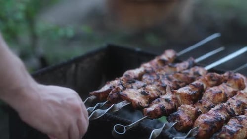 Cooking Meat Skewers over Grill Outdoors