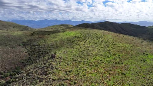 Aerial view of green hills and mountains, United States.