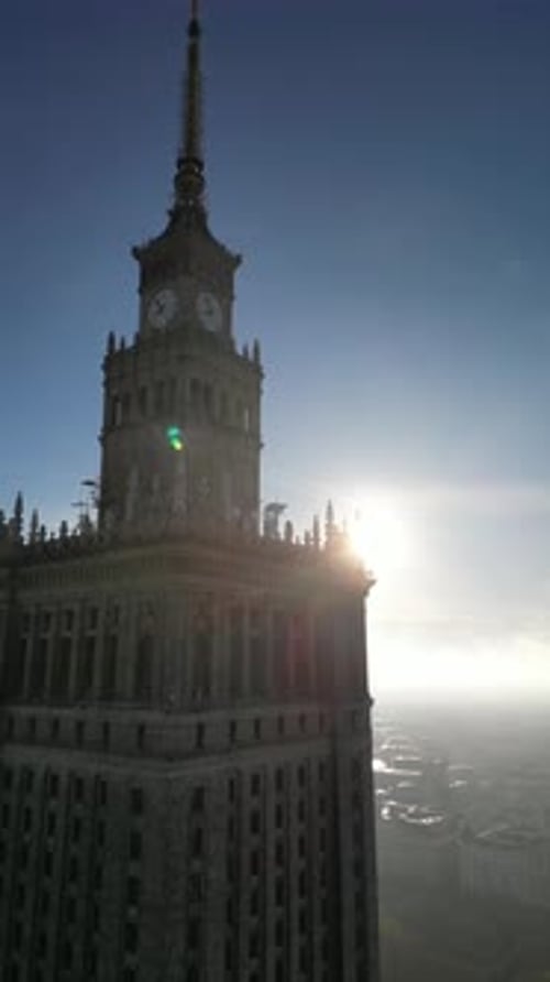 Aerial view of a clock tower of Palace of Culture and Science in Warsaw, Poland