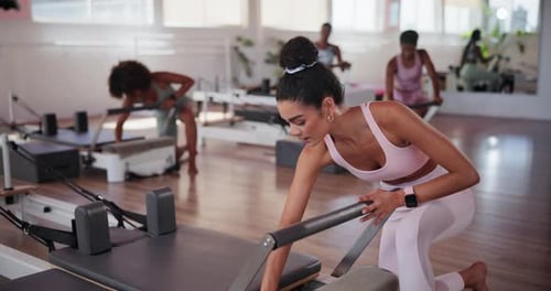 Exercise, personal trainer and start with group in class for fitness, instruction or performance