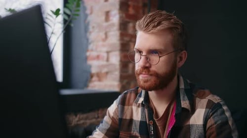 Stylish IT Specialist Man Working In Modern Loft Office Portrait Of Web Developer