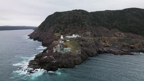 Drone shot of Fort Amherst in St John's, Newfoundland, Canada. Spinning around the point to reveal t