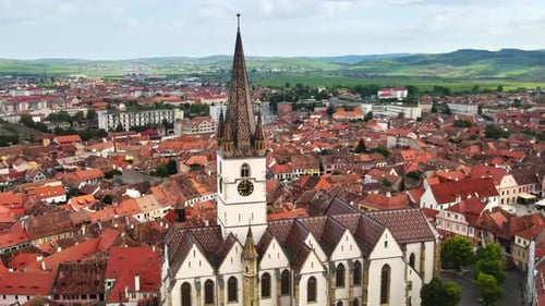 Aerial drone view of the Historic Centre of Sibiu, Romania. Old buildings, narrow streets, Sibiu Lut