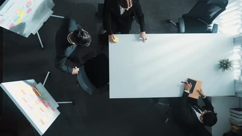 Top view of businesswoman give sticky notes to meeting participant. Directorate.