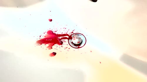 Accident with human injury. Blood dripping and flowing into sink. Fresh red blood splat on white por