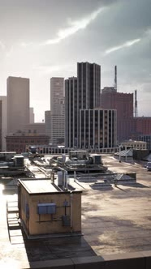 Rooftop View of Urban Skyline Under Dramatic Cloudy Sky During Golden Hour
