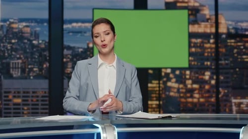 Female News Presenter Reporting in Broadcasting Studio Positive Woman Talking
